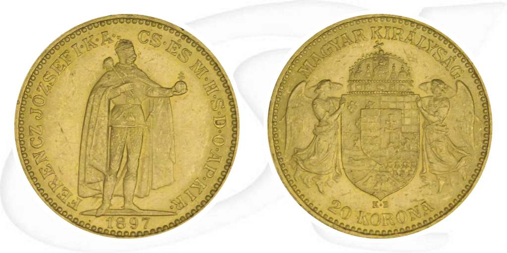 Ungarn 20 Korona Gold (6,098 gr. fein) 1897 vz Franz Josef I. Münze Vorderseite und Rückseite zusammen