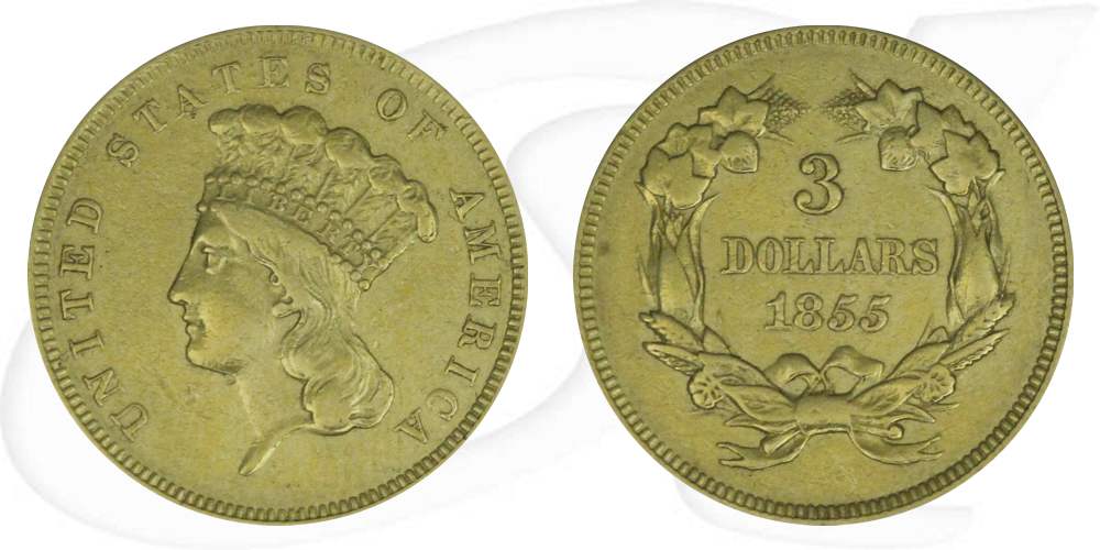 USA 3 Dollar 1855 ss Gold 4,51g fein Indianerprinzessin