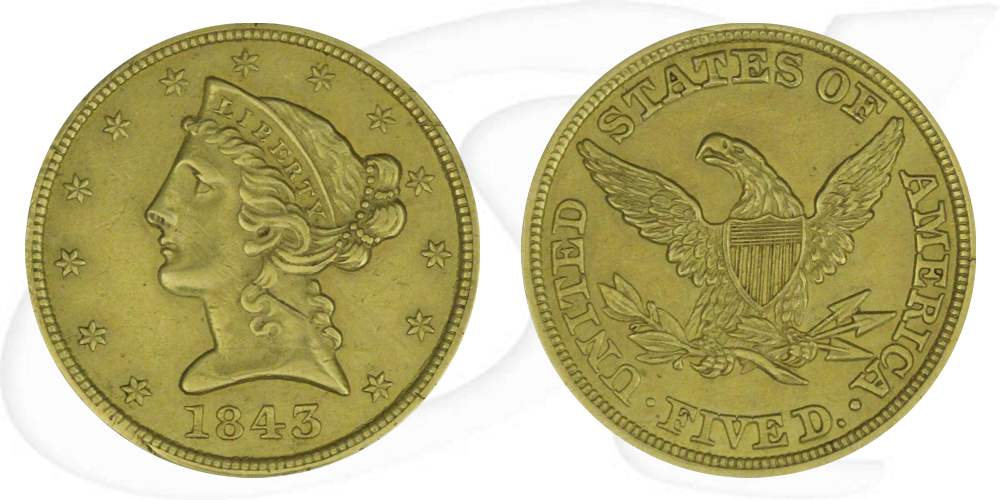 USA 5 Dollar 1843 ss Gold 7,52g fein Liberty Eagle Coronet Head