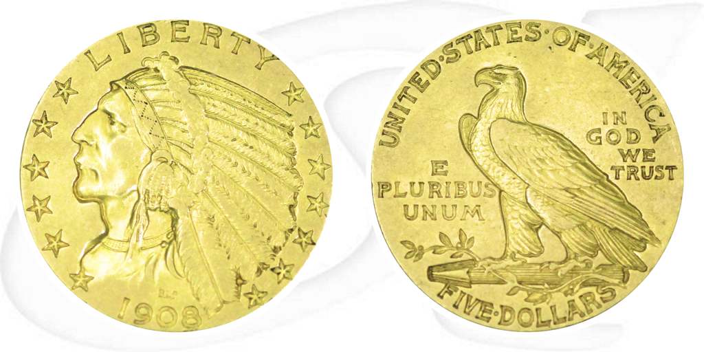 USA 5 Dollar 1908 ss-vz Gold Indian Head - Indianer Münze Vorderseite und Rückseite zusammen