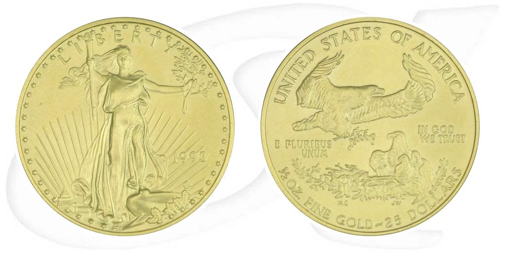 USA 25 USD Eagle Gold 15,55 Gramm (1/2 Unze) Münze Vorderseite und Rückseite zusammen