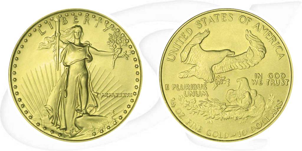 USA 10 Dollar Goldmünze Eagle 7,778 Gramm (1/4Unze) Münze Vorderseite und Rückseite zusammen