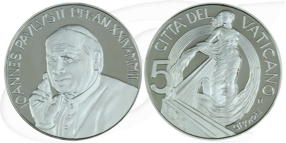 5 Euro Münze Vatikan 2002 Frieden Brüderlichkeit OVP Vorder- und Rückseite
