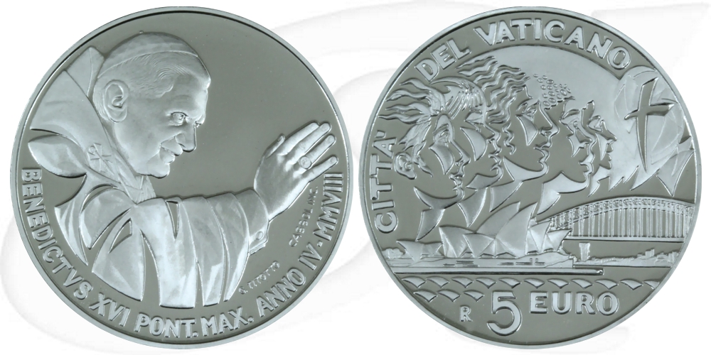 5 Euro Münzen Vatikan 2008 Weltjugendtag Sydney OVP Vorder- und Rückseite