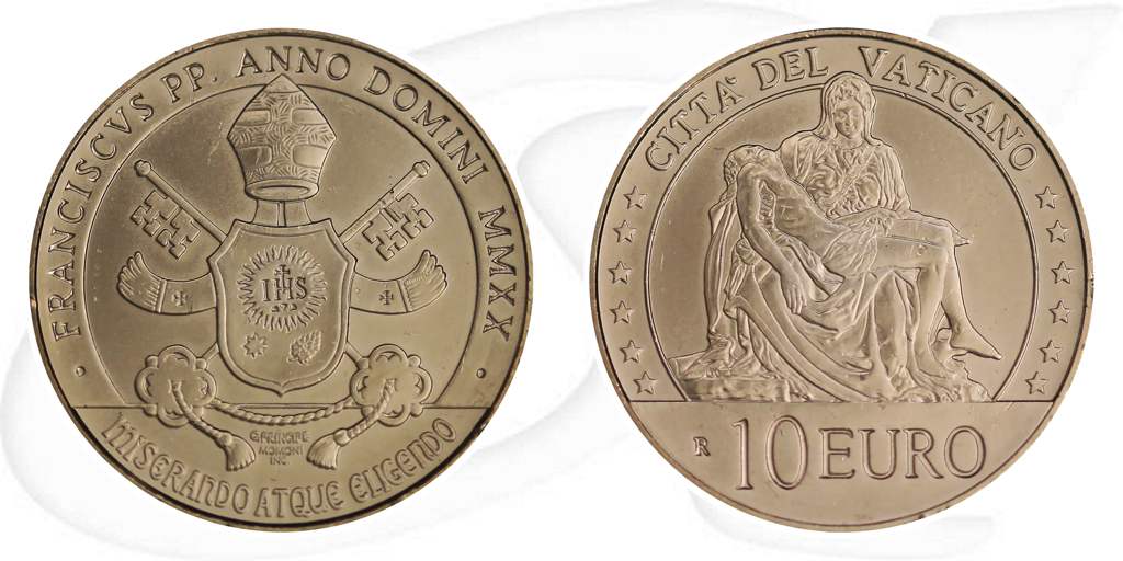 Vatikan 2020 Astuccio 10 Euro Kupfer Michelangelos Pieta Münze Vorderseite und Rückseite zusammen