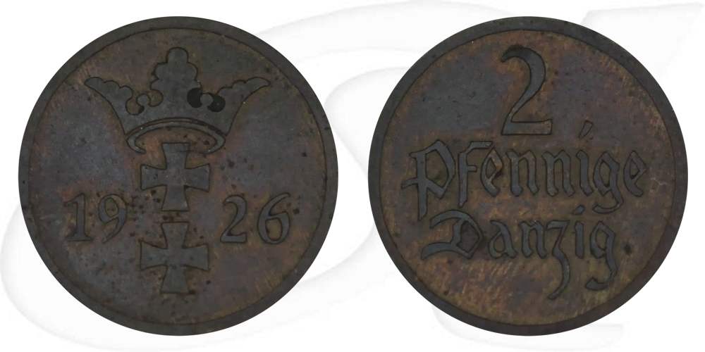 Danzig 2 Pfennig 1926 ss Wappen Münze Vorderseite und Rückseite zusammen