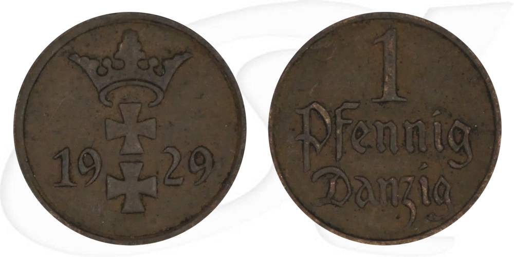 Danzig 1 Pfennig 1929 ss Wappen Münze Vorderseite und Rückseite zusammen