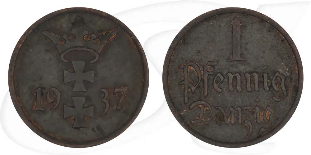 Danzig 1 Pfennig 1937 ss Wappen Münze Vorderseite und Rückseite zusammen