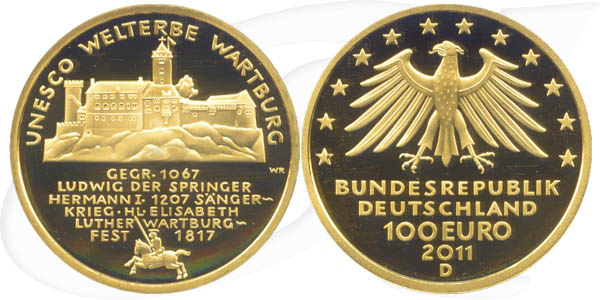 BRD 100 Euro 2011 D st OVP Wartburg Anlagegold 15,55g fein
