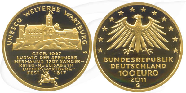 BRD 100 Euro 2011 G st OVP Wartburg Anlagegold 15,55g fein