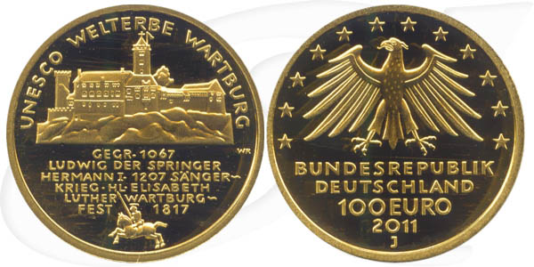 BRD 100 Euro 2011 J st OVP Wartburg Anlagegold 15,55g fein