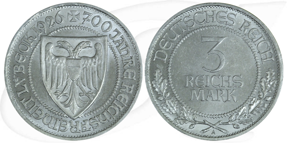 Weimarer Republik 3 Mark 1926 A vz-st 700 Jahre Reichsfreiheit Lübeck