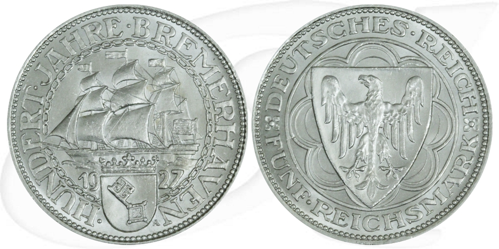 Weimarer Republik 5 Mark 1927 A vz 100 Jahre Bremerhaven