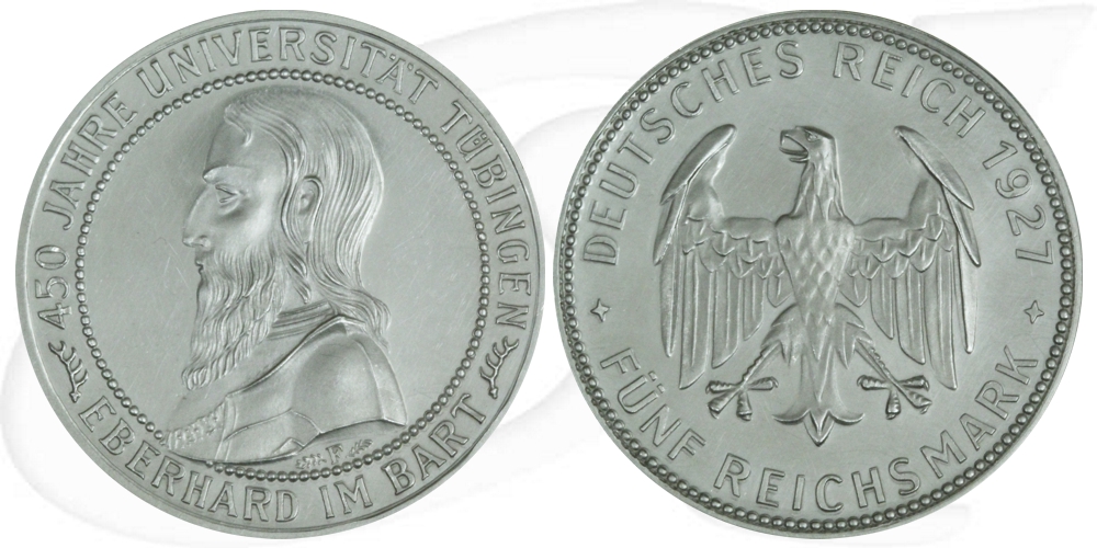 Weimarer Republik 5 Mark 1927 F vz ex PP 450 Jahre Uni Tübingen