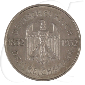 Weimarer Republik 3 Mark 1932 A vz 150. Todestag Goethe