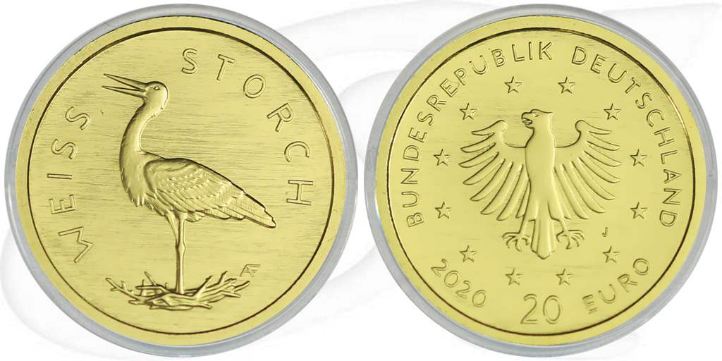 Weißstorch 2020 Gold Deutschland 20 Euro Münze Vorderseite und Rückseite zusammen
