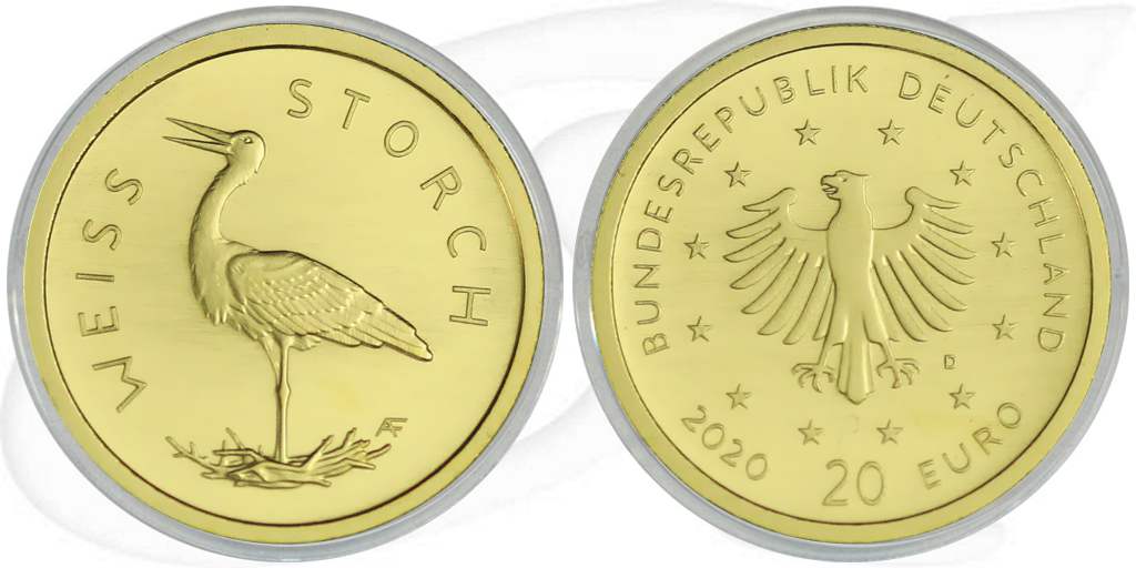 Weißstorch Goldmünze 20 Euro Deutschland 2020 Münze Vorderseite und Rückseite zusammen