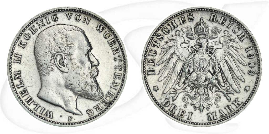 Württemberg 1909 3 Mark Wilhelm Deutschland Kaiserreich Münze Vorderseite und Rückseite zusammen