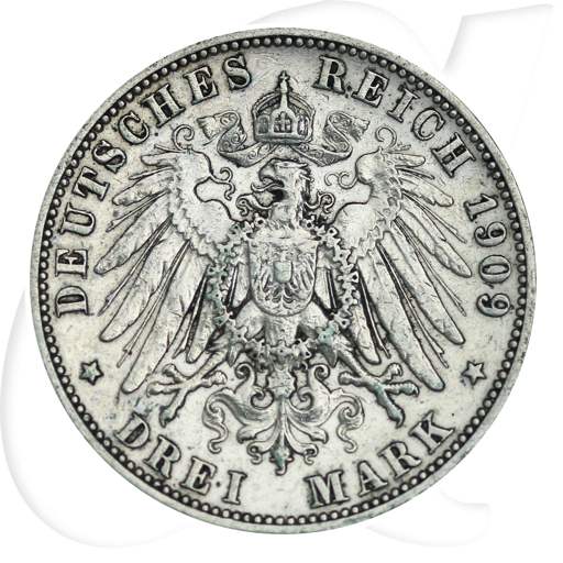 Württemberg 1909 3 Mark Wilhelm Deutschland Kaiserreich Münzen-Wertseite