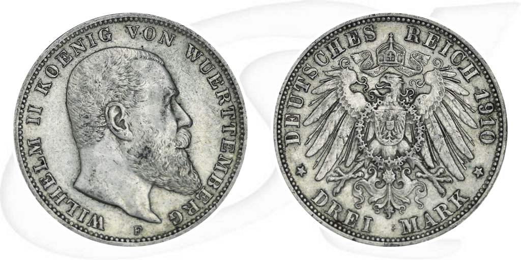 Württemberg 1910 3 Mark Wilhelm Deutschland Kaiserreich Münze Vorderseite und Rückseite zusammen