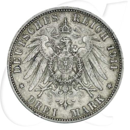 Württemberg 1911 3 Mark Wilhelm Deutschland Kaiserreich Münzen-Wertseite