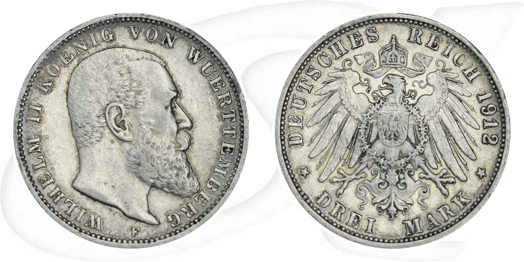 Württemberg 1912 3 Mark Wilhelm Deutschland Kaiserreich Münze Vorderseite und Rückseite zusammen