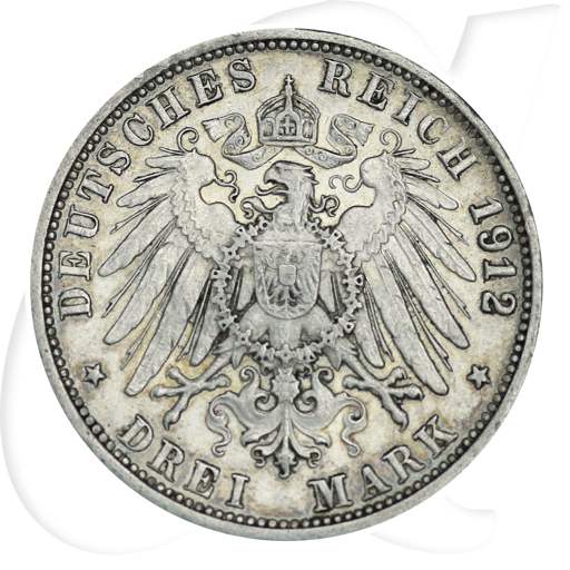 Württemberg 1912 3 Mark Wilhelm Deutschland Kaiserreich Münzen-Wertseite