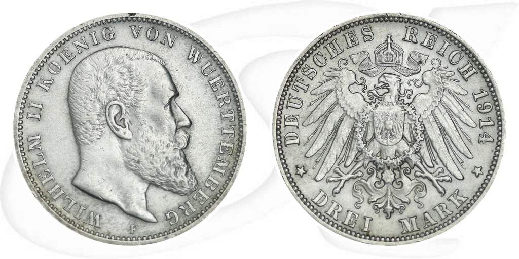 Württemberg 1914 3 Mark Wilhelm Deutschland Kaiserreich Münze Vorderseite und Rückseite zusammen