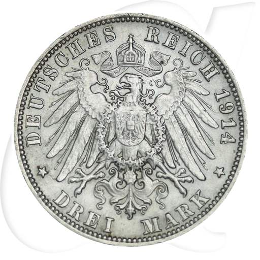 Württemberg 1914 3 Mark Wilhelm Deutschland Kaiserreich Münzen-Wertseite