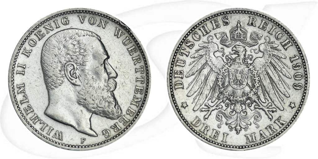 Württemberg Wilhelm II 1909 3 Mark Kaiserreich Münze Vorderseite und Rückseite zusammen